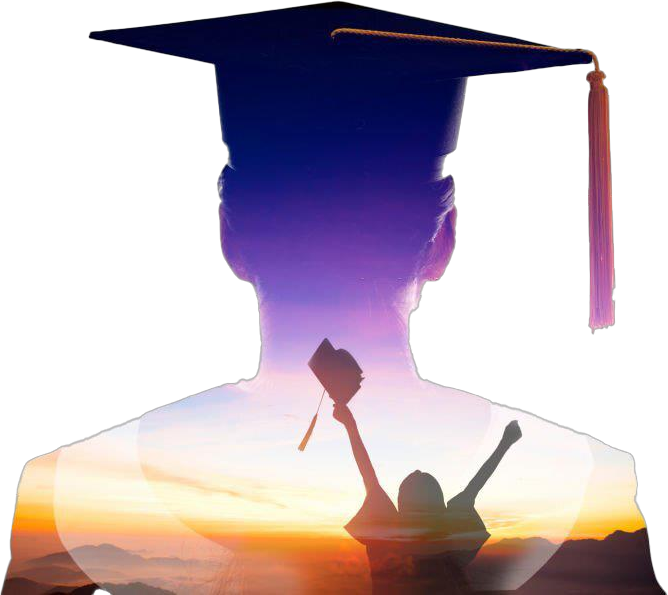 Graduate silhouette filled with a sunrise and a student celebrating
